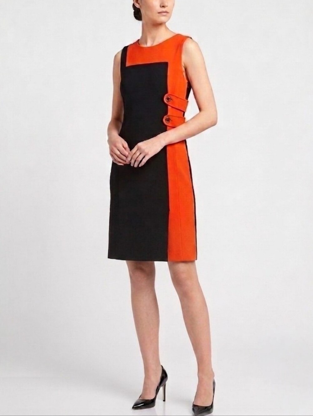 KAREN MILLEN Black and Orange Colourblock Sheath Dress Women's Size 12